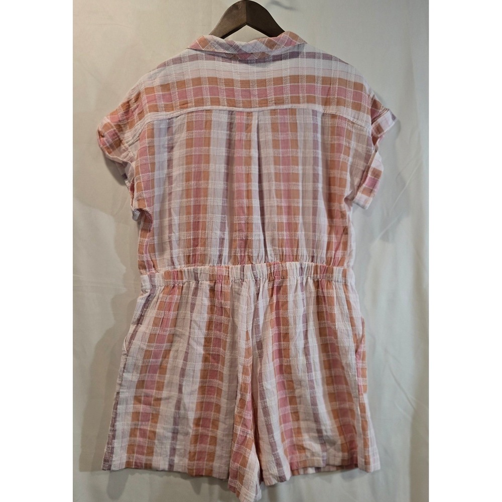 EN CRÈME Plaid Button Up Drawstring Waist Romper Pajama Style Pink Orange SIze L - Picture 6 of 6